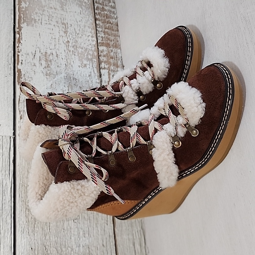 See by Chloe Boots Womens 38 Wedge Booties Eileen Platform Shearling Hik…